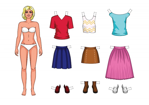 Вектор красочный набор модных женских нарядов изолированы. бумажная кукла в мультяшном стиле с летней одеждой