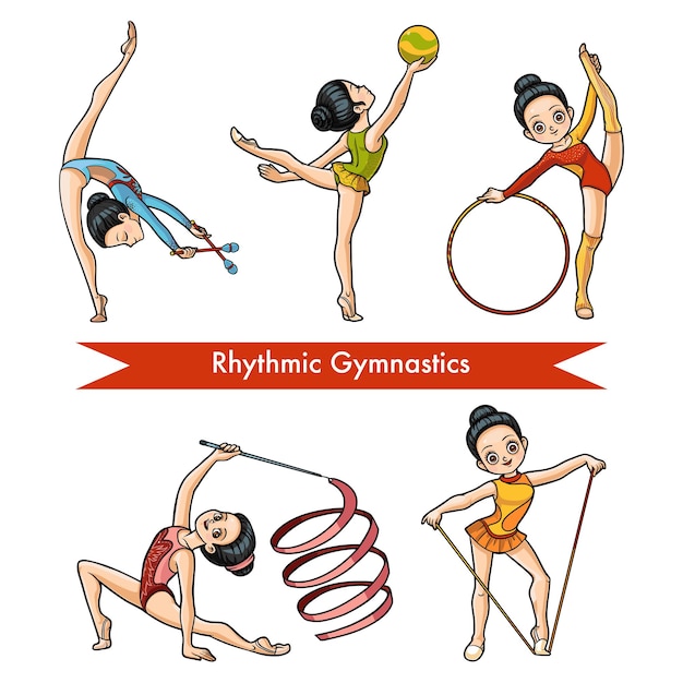 Vector vector colorful set of rhythmic gymnastics cartoon sport girl characters