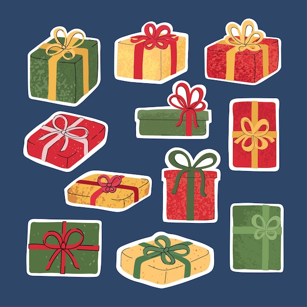 Vector colorful set of stickers with illustrations of christmas gift isolated on blue background