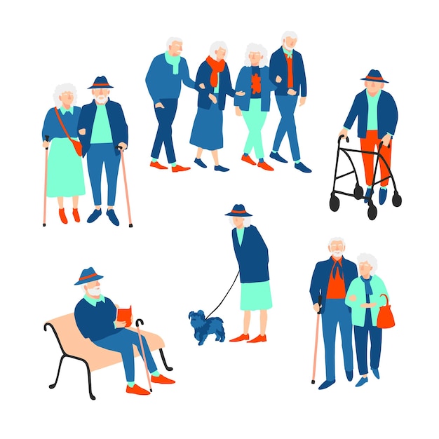 Set colorato vettoriale con illustrazioni di anziani che camminano