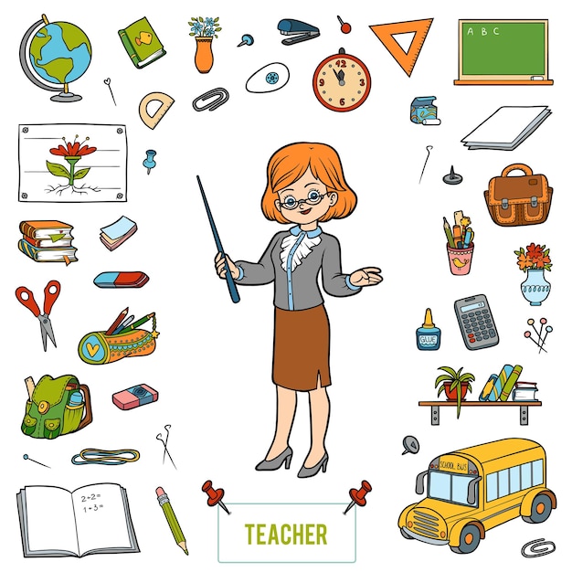 Vector vector colorful set with teacher and cartoon objects from school