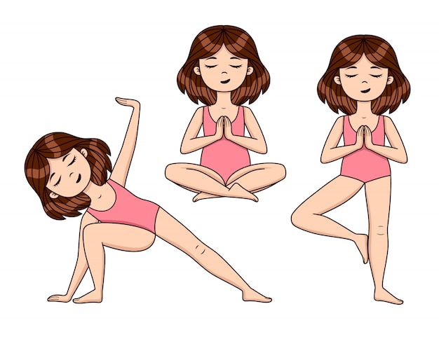 Vector vector colorful set of yoga poses. cute little girl doing yoga asanas.