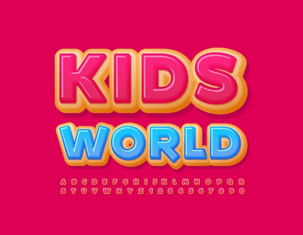 Vector colorful Sign Kids World Unique Bright Font Donut style Alphabet Letters and Numbers set