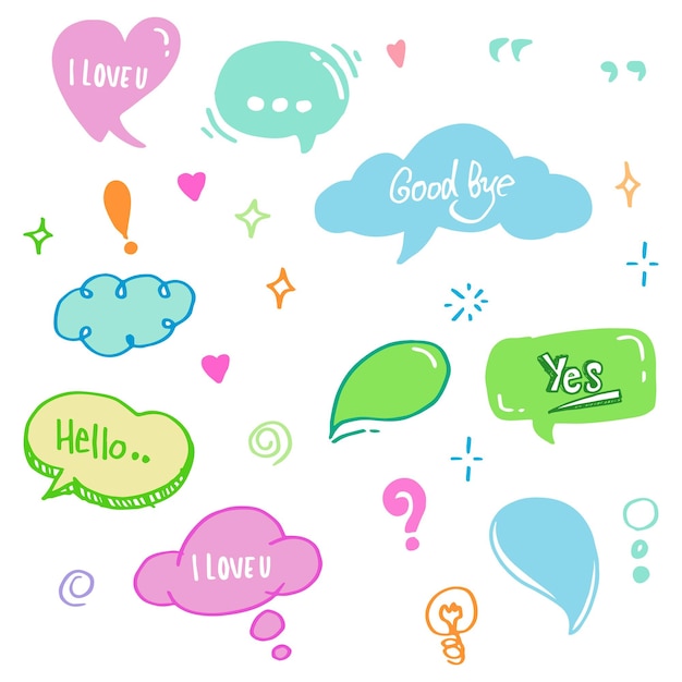 Vector of colorful speech bubbles doodle set with dialog words isolated on white background