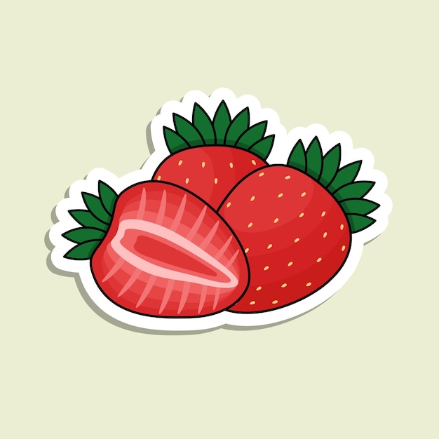 Vector colorful strawberry sticker isolated cartoon red berry with white contour on light green