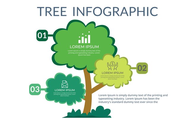 Progettazione infografica a albero colorato vettoriale con 3 passaggi