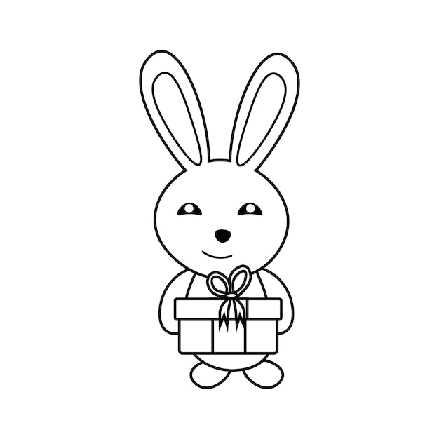 Vector coloring black and white cute rabbit with a gift in its paws