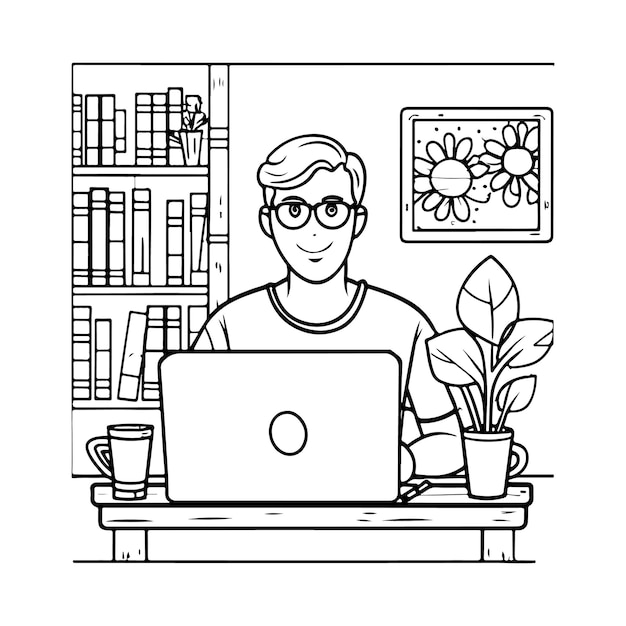 vector coloring book freelancer working on laptop at home