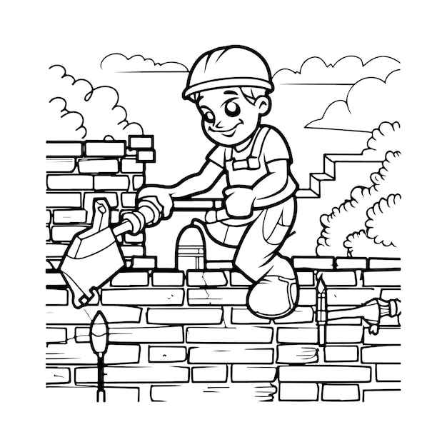 Libro da colorare vettoriale un muratore sta lavorando alla costruzione di un muro