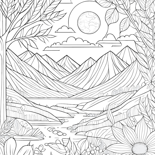 A vector of coloring book page of mountain and river flat design japanese illustration style