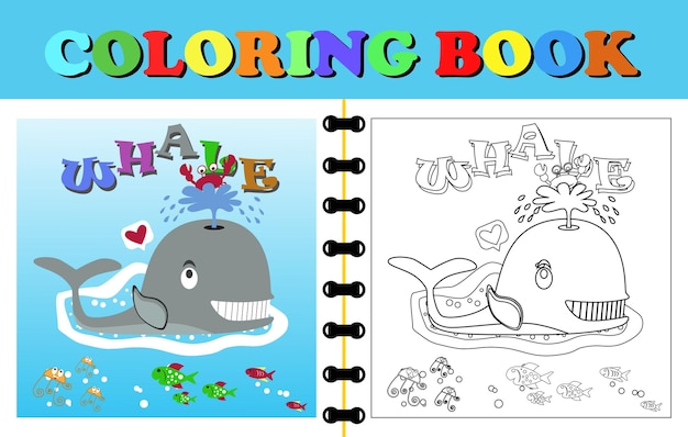 Vector of coloring book or page whale play with crab