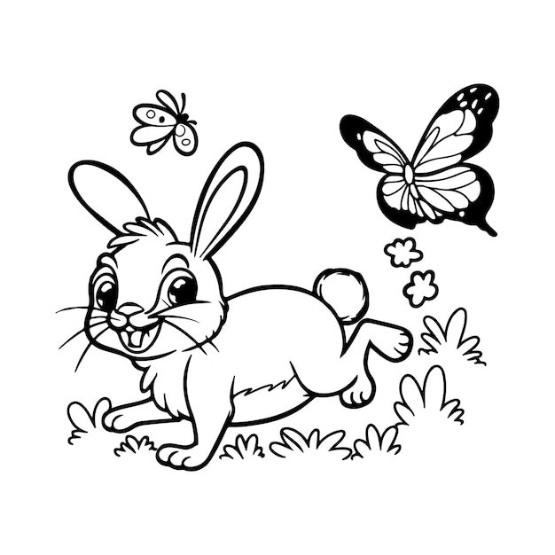 Vector coloring book on rabbit is chasing the butterfly