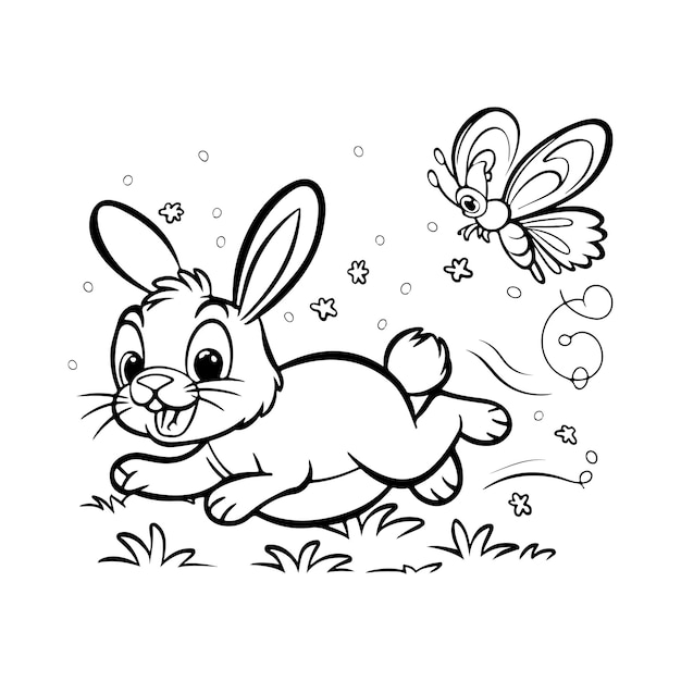 Векторная книжка для окрашивания на кролика преследует бабочку