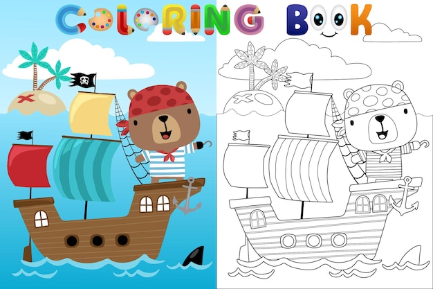 Libro da colorare vettoriale con pirata dell'orso dei cartoni animati su una barca a vela