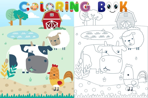 Libro da colorare vettoriale con animali da fattoria di cartoni animati in terreni agricoli
