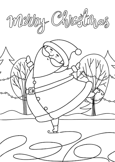 Vector coloring book with an image of Santa skating and the inscription Merry Christmas