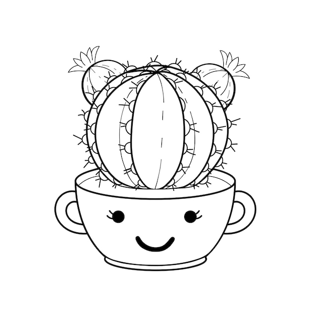 Vector coloring page cactus in the pot funny girl plant with flowers and smiling face