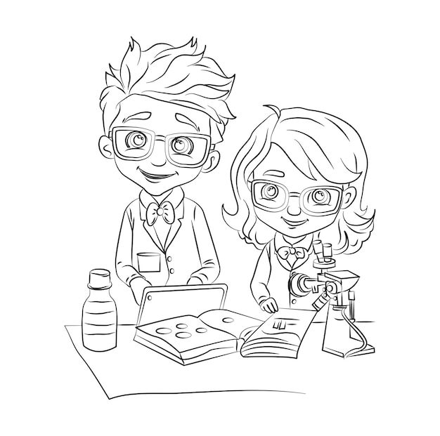 Vector coloring page cheerful little girl and boy Scientists