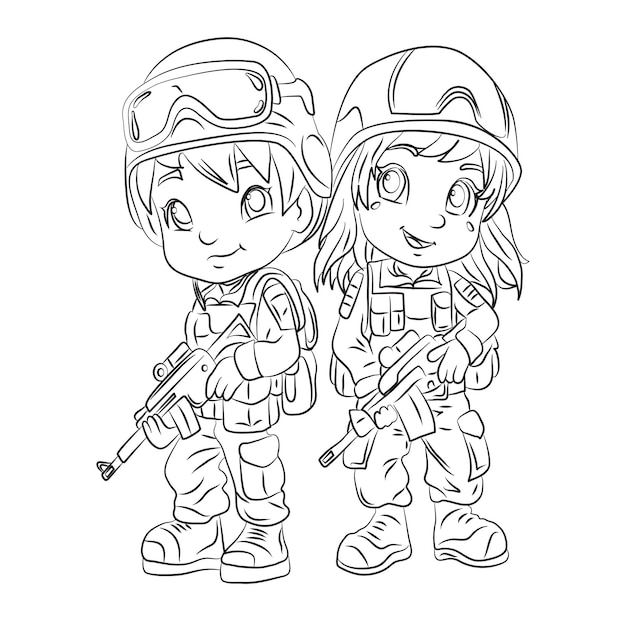 Vector coloring page cheerful little girl and boy Soldiers