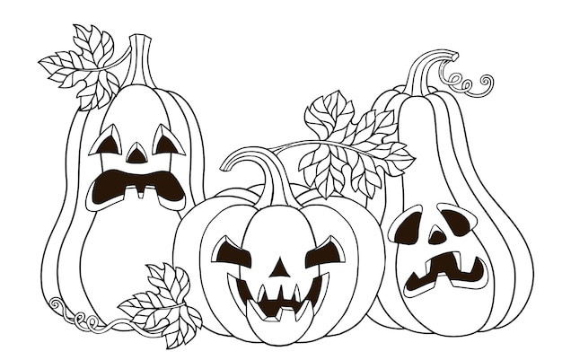 Pagina da colorare di vettore. simpatico mostro di zucche con un orribile sorriso scolpito. felice halloween illustrazione vettoriale in stile cartone animato per il tuo design per le vacanze