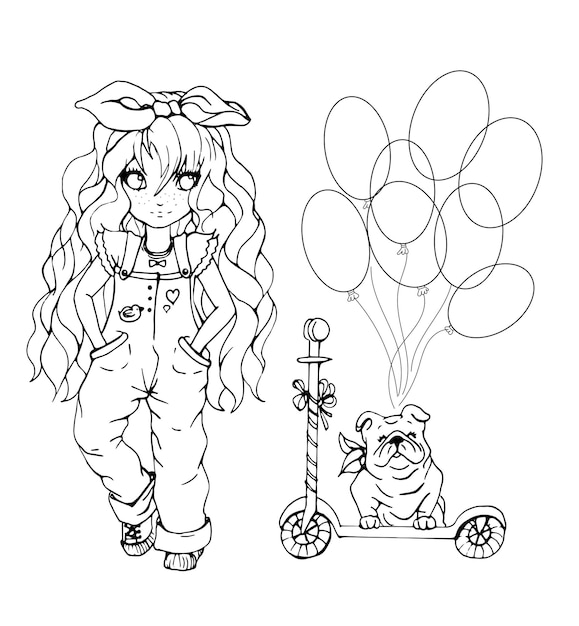 Vector coloring page with anime girl