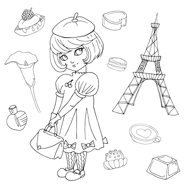 Vector coloring page with cute anime girl