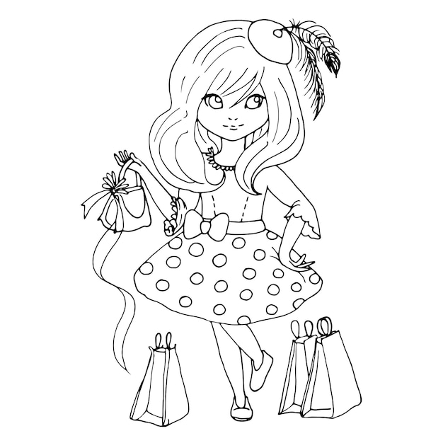 vector coloring page with cute anime girl