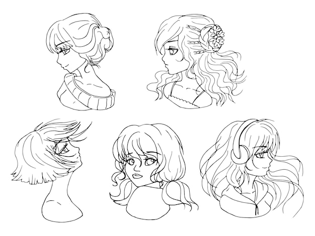 Vector vector coloring page with cute cartoon anime girl. avatars