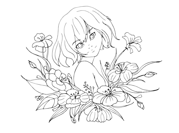 vector coloring page with cute cartoon anime girl.  line art