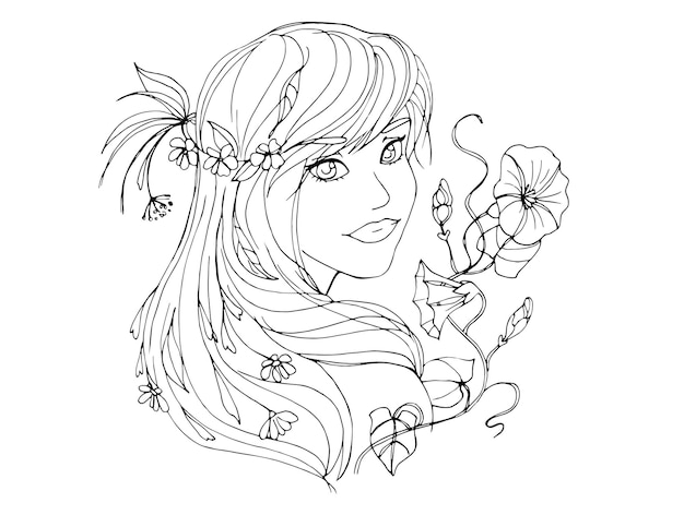 Vector vector coloring page with cute cartoon anime girl.  line art