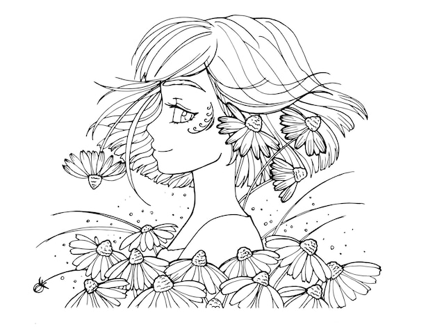 vector coloring page with cute cartoon anime girl.  line art