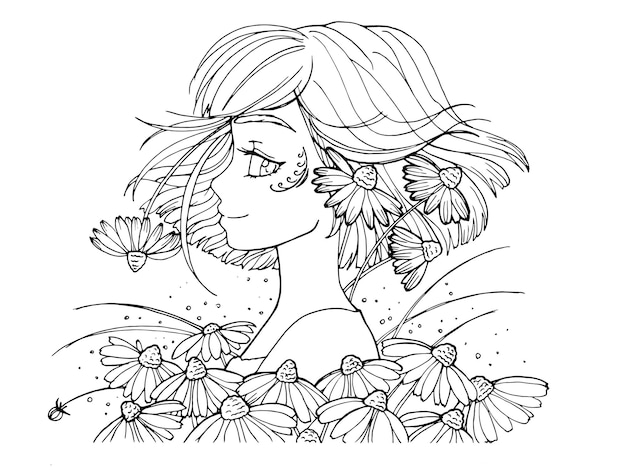 Vector vector coloring page with cute cartoon anime girl.  line art