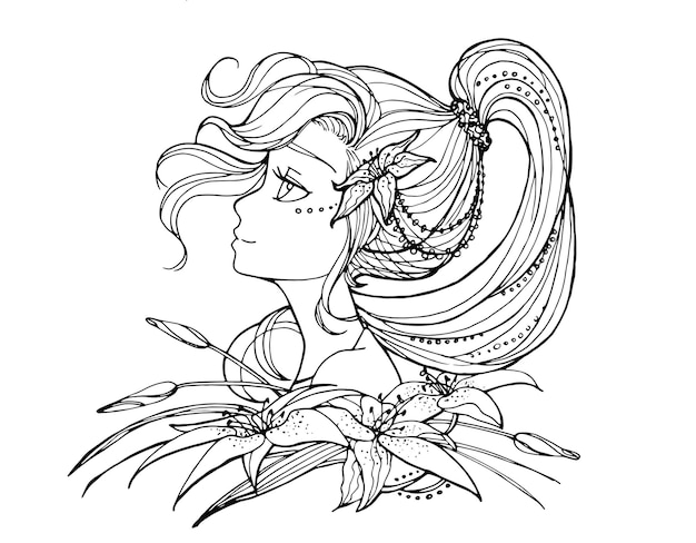 Vector coloring page with cute cartoon anime girl.  line art