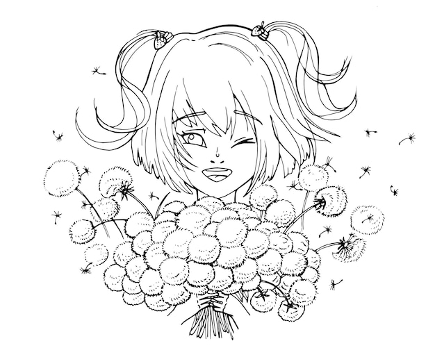 vector coloring page with cute cartoon anime girl.  line art