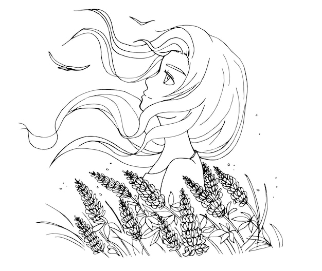 векторная страница раскраски с милой мультяшной аниме-девушкой. штриховая графика