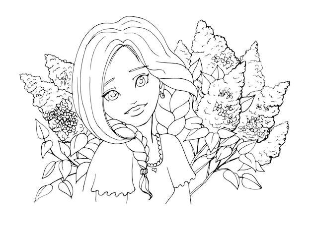 Vector coloring page with cute cartoon anime girl.  line art