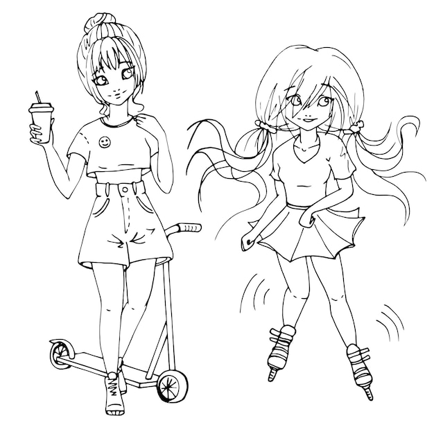 vector coloring page with cute cartoon anime girl