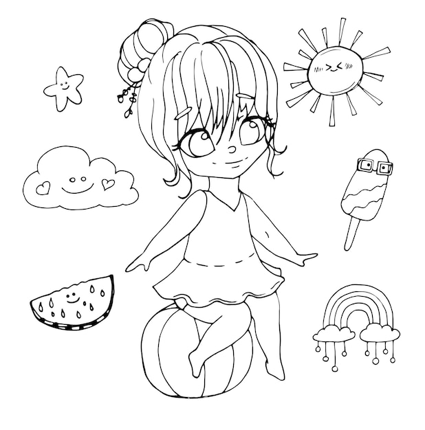 Vector coloring page with cute cartoon girl