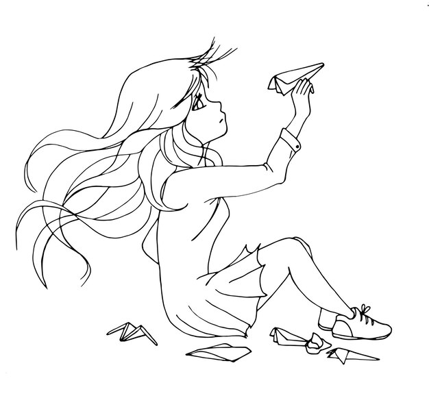 Vector coloring page with cute girl line illustration