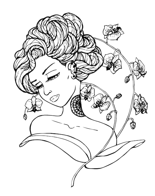 vector coloring page with cute tatoo girl