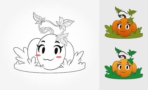 Vector coloring page with funny pumpkin standing on grass. coloring scheme examples. vectors