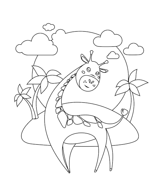 Vector vector coloring page with one cute giraffe on tiny island with palms