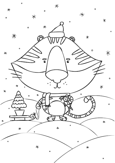 Vector coloring with a tiger in a hat holding a sled Black and white illustration for children