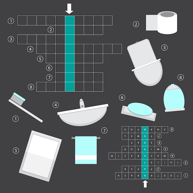 Vector colorless crossword, education game for children about bathroom - interior - mirror, bath, toilet, sink, towel, soap and more.