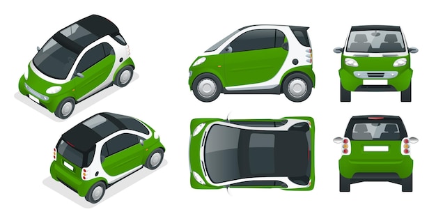 Vector vector compact small car. small compact hybrid vehicle. eco-friendly hi-tech auto. easy color change. template vector isolated on white view front, rear, side, top and isometric.