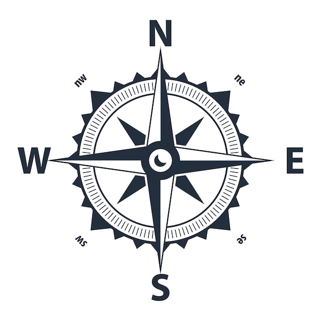 ベクトルコンパス。シンプルなフラットシンボル。北、南、東、西を示すバラの航海記号
