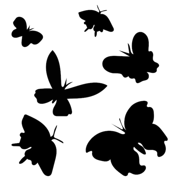 Vector composition of butterflies in motion hand drawn.illustration of flying insects silhouettes in black doodle style.design for cards,posters,social