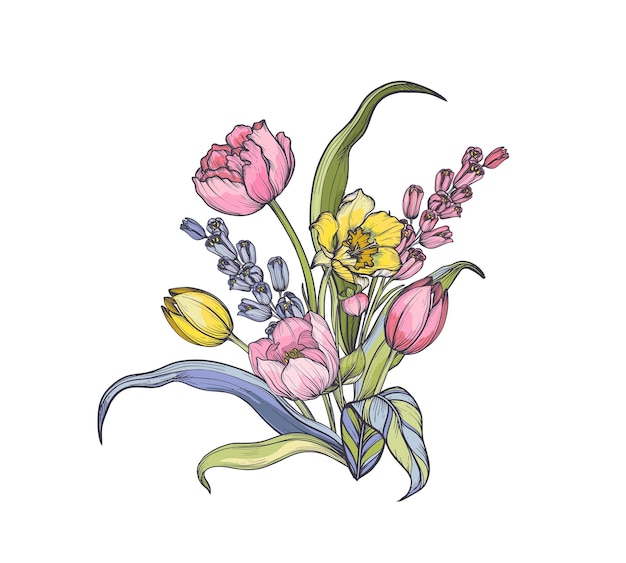 Vector vector composition of spring flowers leaves and branches different flowers tulips anemones and other plants in beautiful bouquet