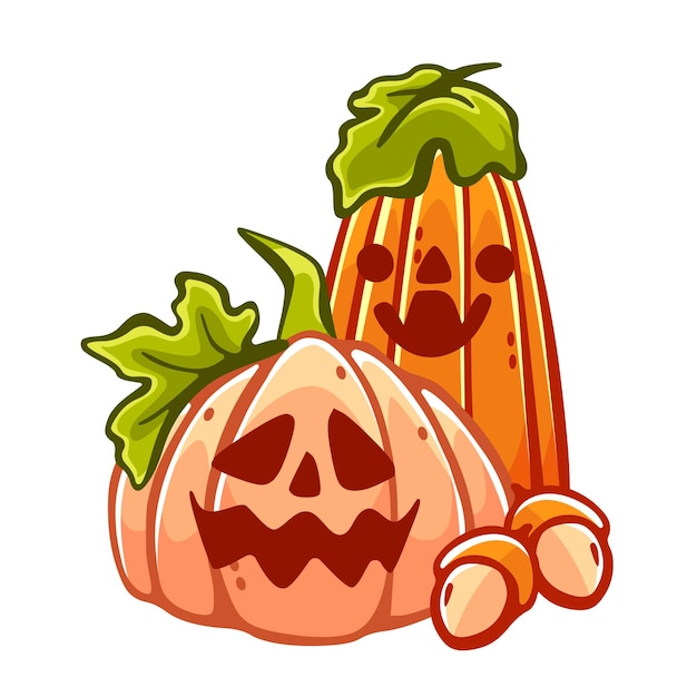 Vector composition on the theme of pumpkins and Halloween in a cute cartoon style