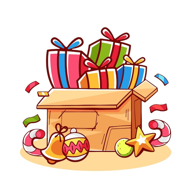 Vector composition on the theme of winter and Christmas with a box of gifts and Christmas tree toys